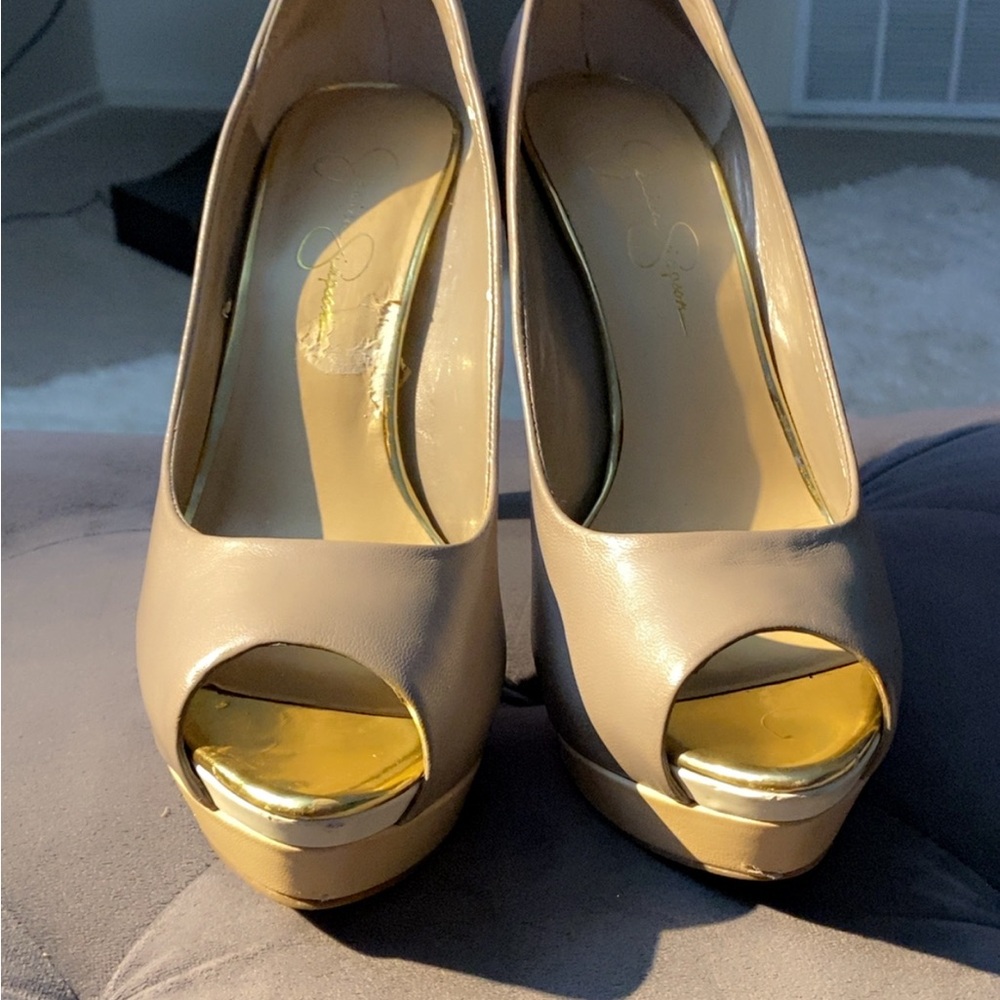 Jessica Simpson Taupe Peep-Toe Platform Heels